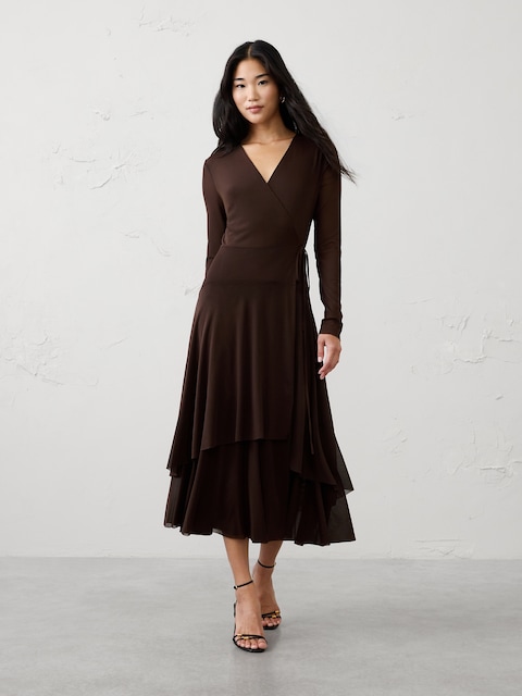 Mesh Tiered Wrap Maxi Dress