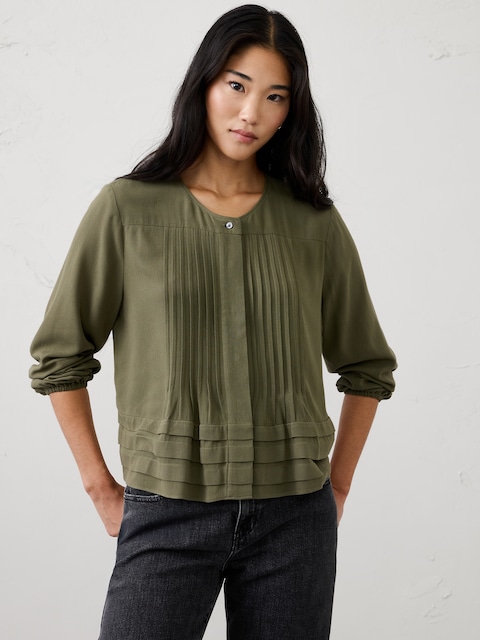 Pleated Button-Front Swing Top
