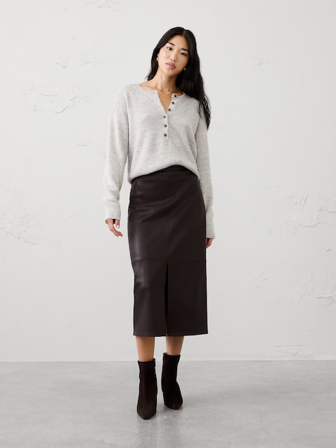 Vegan Leather Seamed Midi Skirt