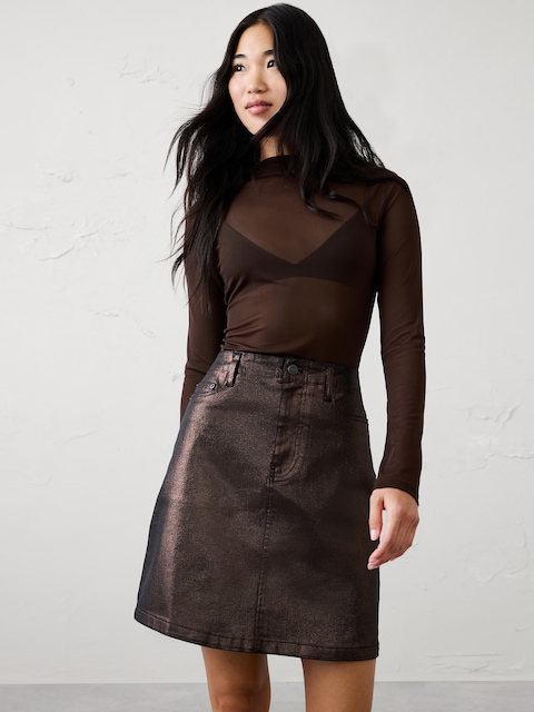 Metallic Coated Denim Hollywood Waist Mini Skirt