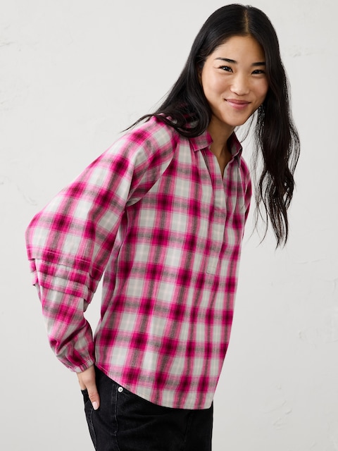 Flannel Pleat-Sleeve Top