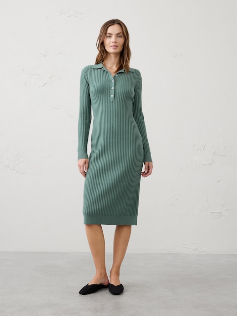 Ribbed Polo Midi Sweater Dress