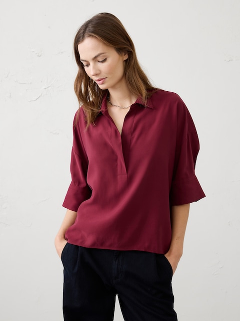 Drapey Twill Collared Popover Top