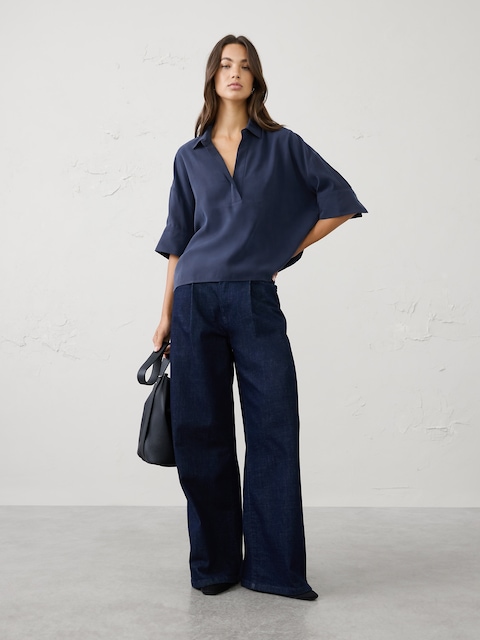 Drapey Twill Collared Popover Top