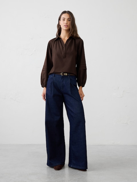 Flannel Pleat-Sleeve Top