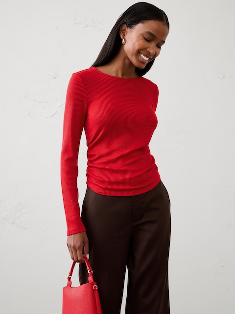 Soft Luxe Ribbed Shirred-Waist Top