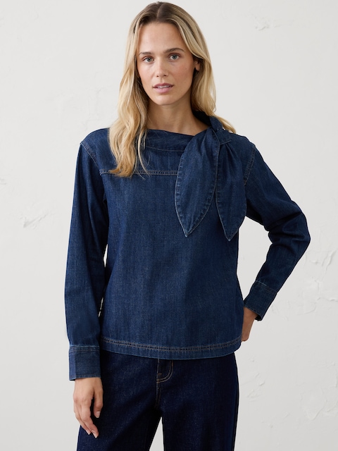 Denim Tie-Neck Top