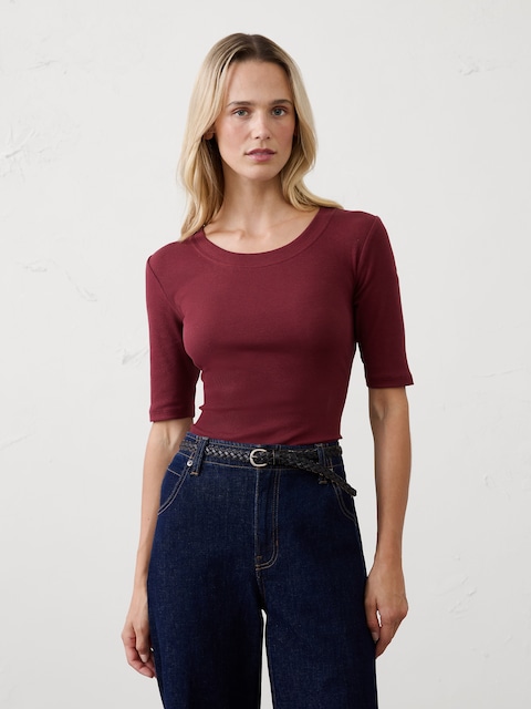 Ribbed Elbow-Sleeve T-Shirt