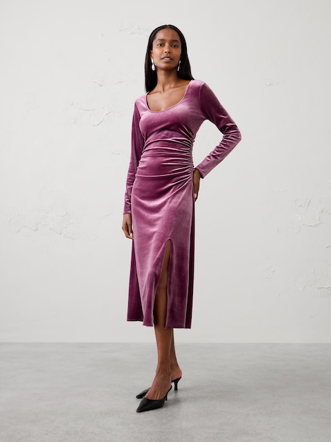 Velvet Shirred Midi Dress