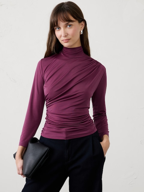 Jersey Draped-Turtleneck Top