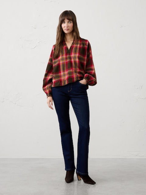 Flannel Pleated-Shoulder Blouse