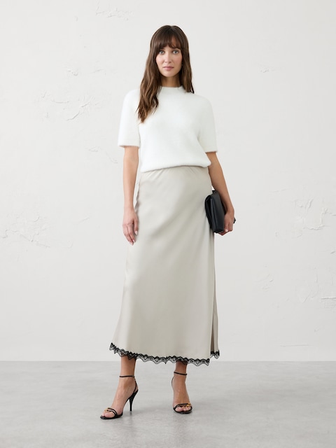 Satin Lace-Trim Midi Skirt