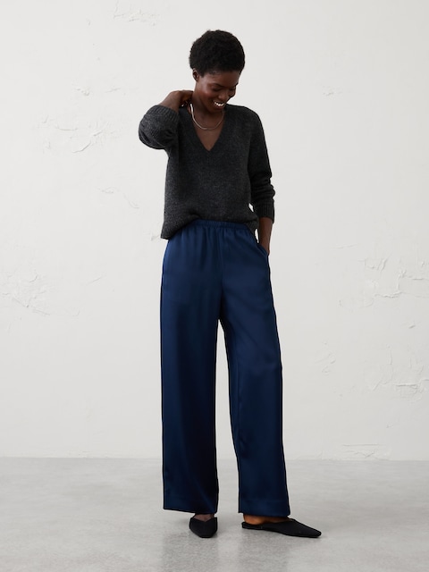 Wide-Leg High-Rise Pull-On Satin Pant
