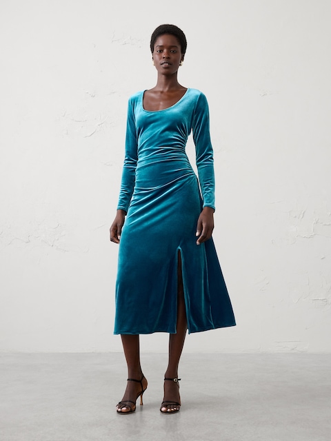 Velvet Shirred Midi Dress