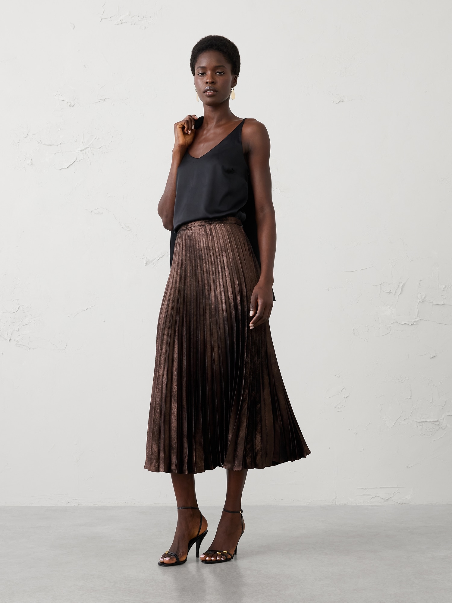 Lamé Pleated Midi Skirt