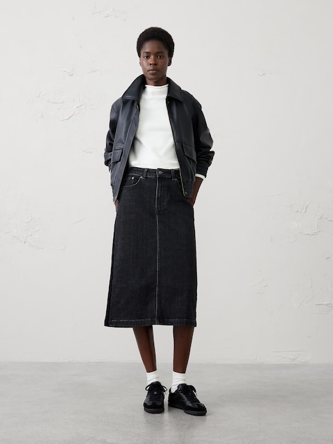 Denim Velvet-Trim Midi Skirt