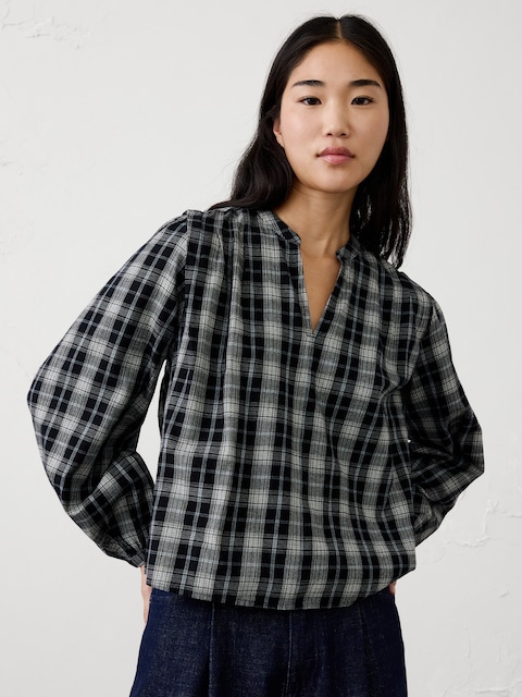 Flannel Pleated-Shoulder Blouse