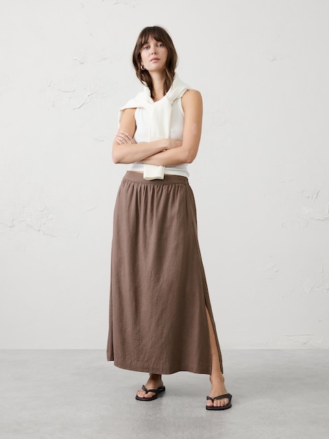 Linen-Blend Midi Skirt