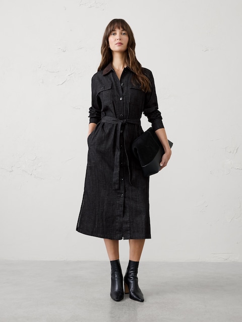 Contrast-Collar Utility Midi Shirtdress