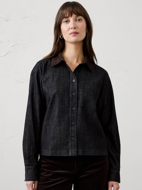 Contrast-Collar Cropped Shirt