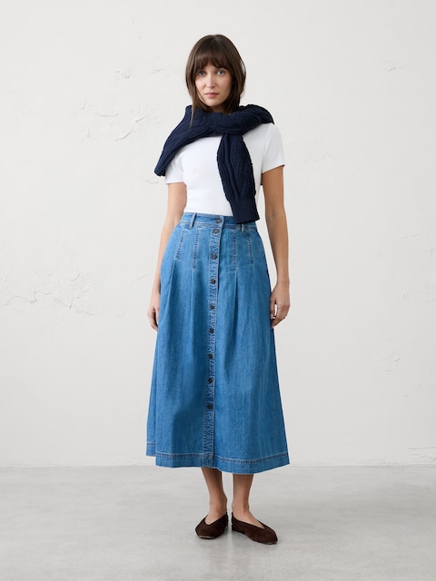 Denim Button-Front Midi Skirt